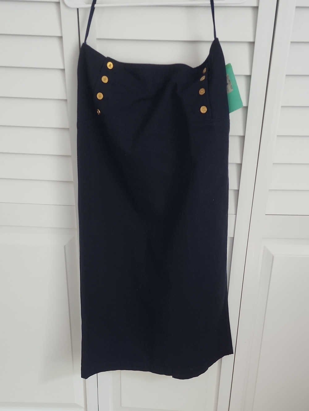 Navy High-Waist Pencil Skirt with Gold Button Detail